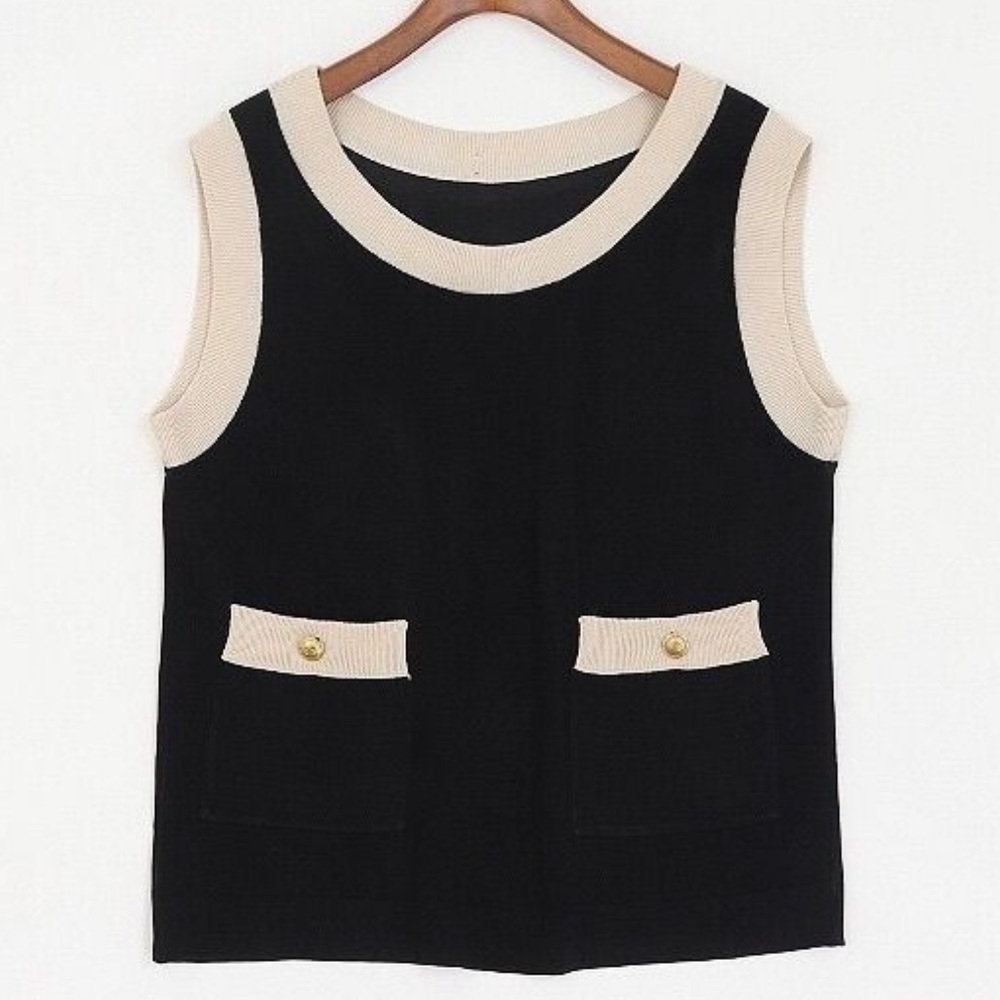 CHANEL Black & Cream Knit Sleeveless Top with Gold CC Buttons